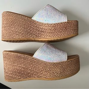 Y2K Lightweight Wedge Platform Slides White Glitter Size 8 RZX Brand EUC